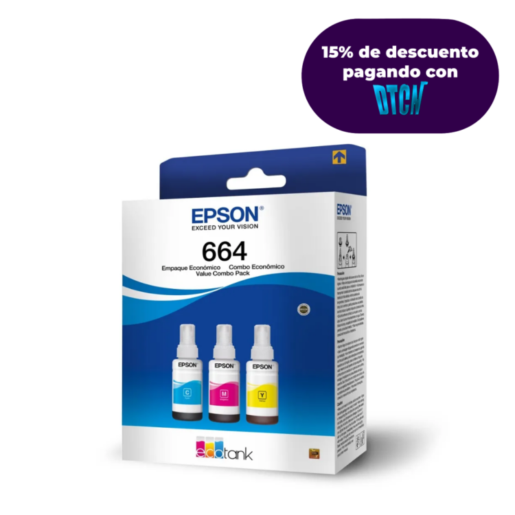 Botellas de Tinta Epson Ecofit Color Cian Magenta y Amarillo T664 3 Unidades