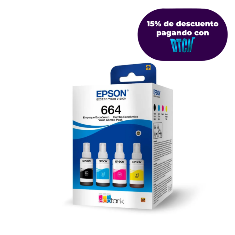 Botellas de Tinta Epson Ecofit Color Negro Cian Magenta y Amarillo T664 4 Unidades
